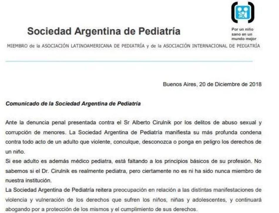 Repudio de la Sociedad Argentina de Pediatría para con Alberto Cirulnik: