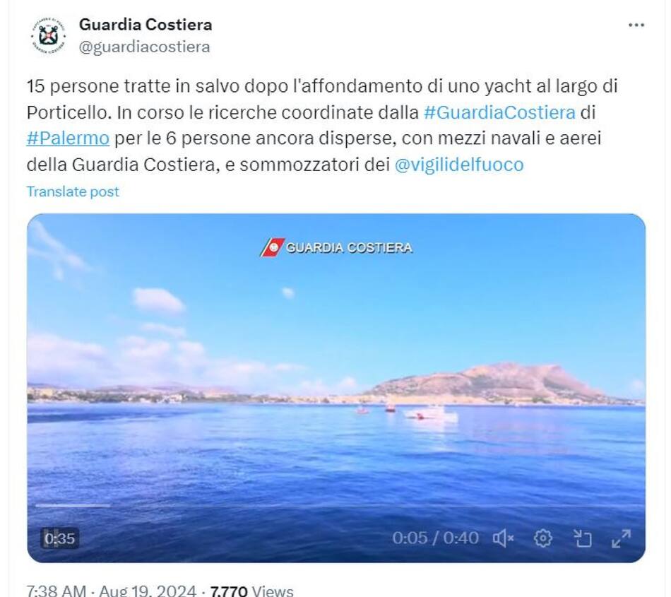 Se hundió un yate de lujo en la costa de Palermo, Italia. Foto captura X.