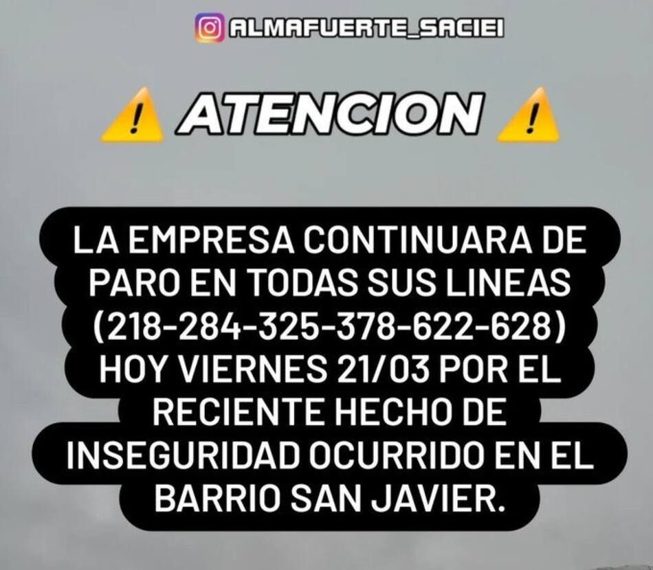 Paro en seis líneas de colectivo. Foto: Instagram Almafuerte_saciei.