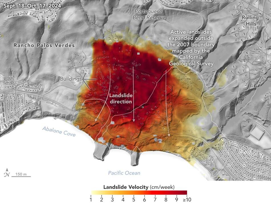 Vista de los deslizamientos de tierra en la península de Palos Verdes. Foto: Jet Propulsion Laboratory (NASA)