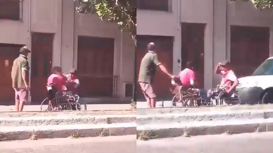 Pelea viral entre dos hombres en silla de ruedas en Tucumán. Foto: captura video.