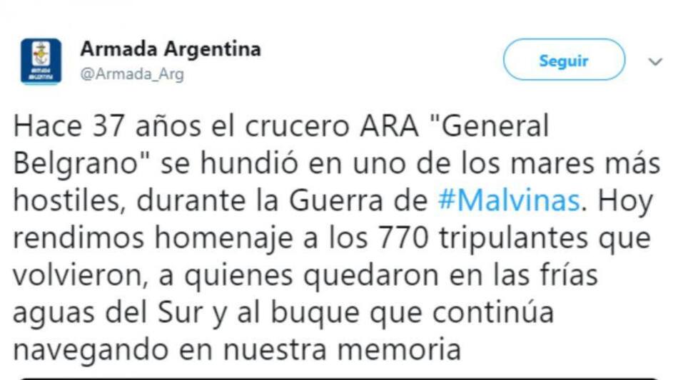 Tuit de la Armada Argentina sobre hundimiento del ARA General Belgrano