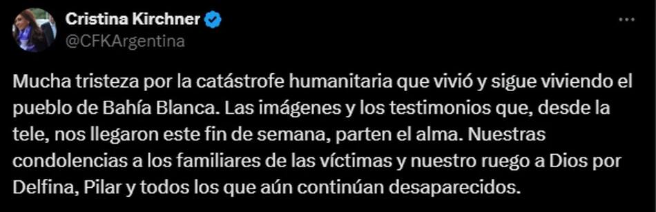 Cristina Kirchner expresó su tristeza por la tragedia en Bahía Blanca. NA