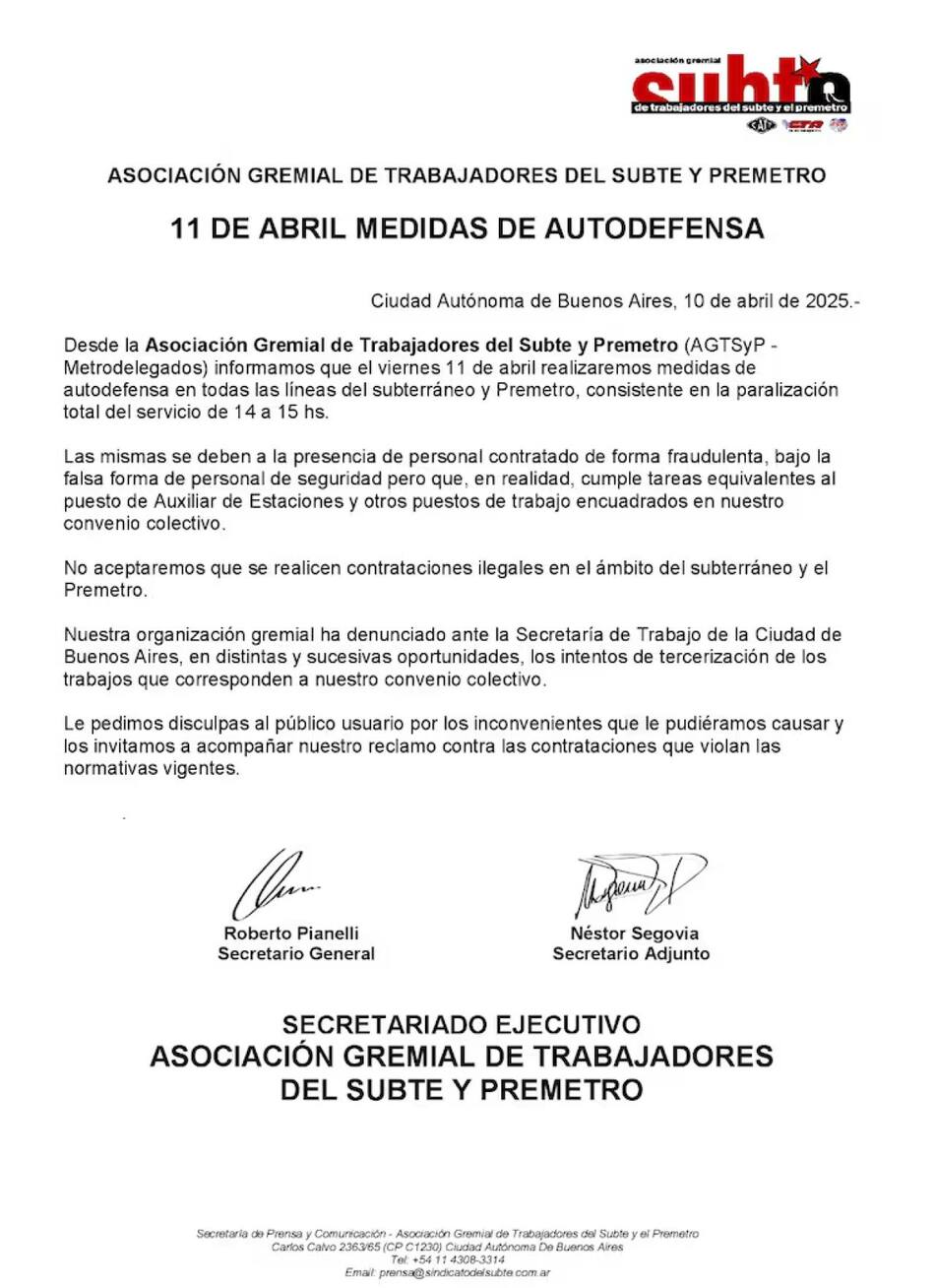 Paro de subtes para el viernes 11 de abril. Foto: AGTSyP