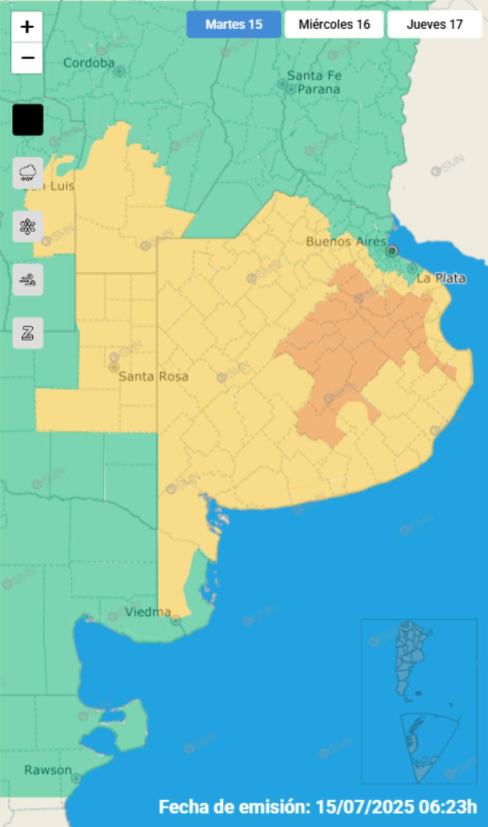 Cuatro provincias están en alerta por tormentas fuertes.