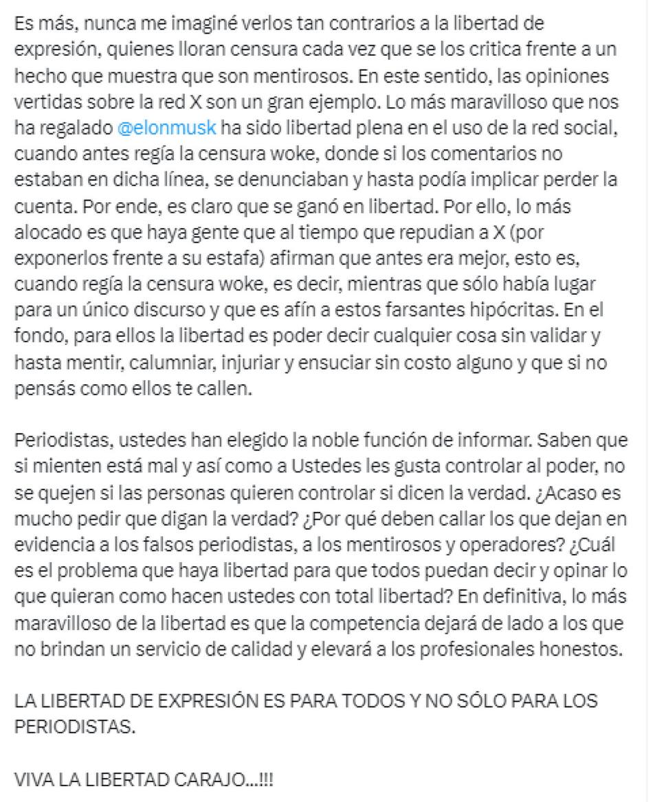 Segunda parte de lo que escribió Milei contra la prensa. Foto: Twitter.