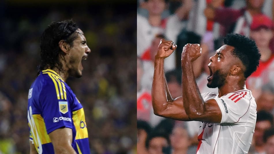 Edinson Cavani y Miguel Borja. Fotos: NA/Mariano Sánchez y X/@RiverPlate