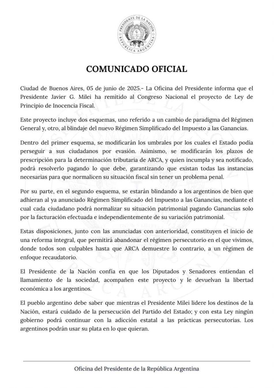 Detalles del Proyecto de Ley de Principio de Inocencia Fiscal. Foto: Presidencia