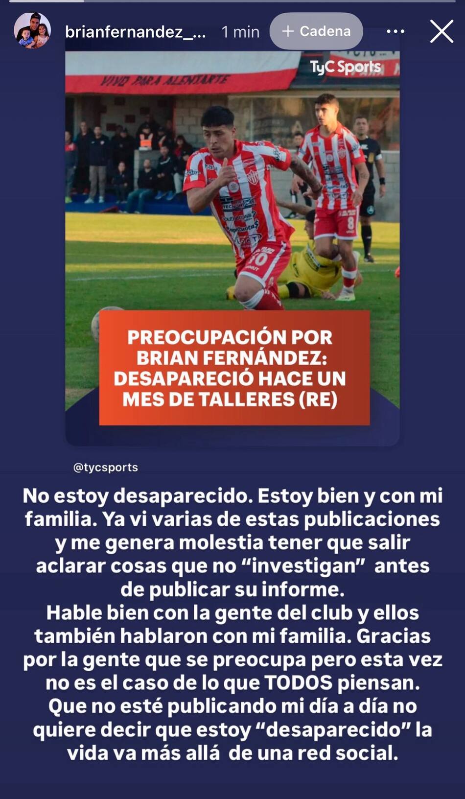Mensaje de Brian Fernández por su ausencia a las prácticas de Talleres (RE)