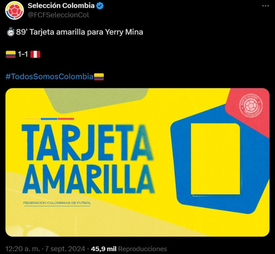 Yerry Mina no podrá jugar ante la Selección Argentina. Foto: X @FCFSeleccionCol.