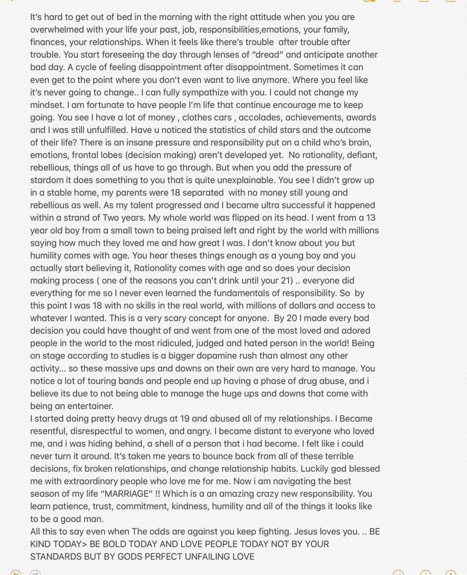 La extensa carta que compartió Justin Bieber en 2019.