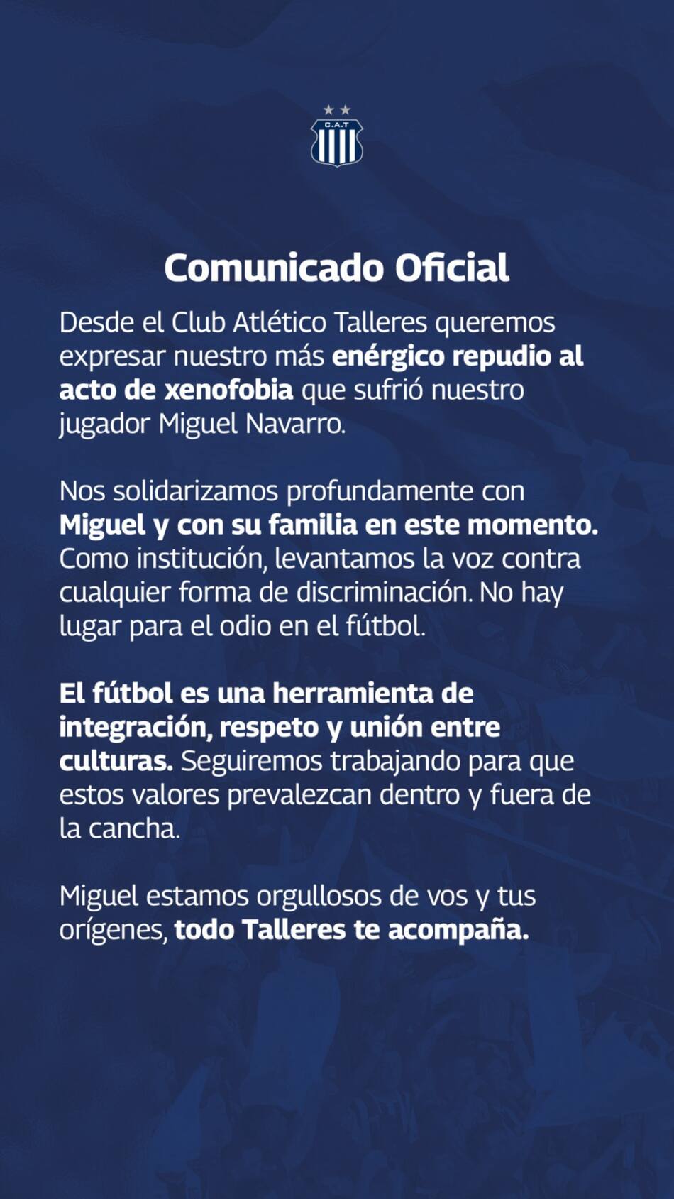 El comunicado de Talleres contra la discriminación. Foto: Instagram.