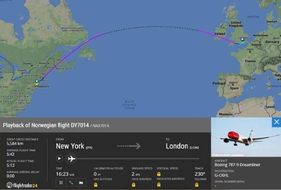 Vuelo transatlántico subsónico más rápido del mundo de Norwegian