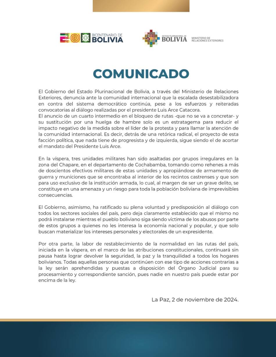 El comunicado de la cancillería boliviana.