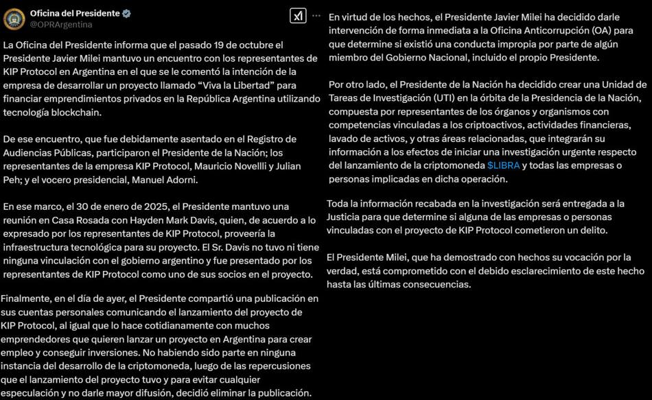 Tuit de la Oficina del Presidente sobre la criptomoneda $LIBRA.