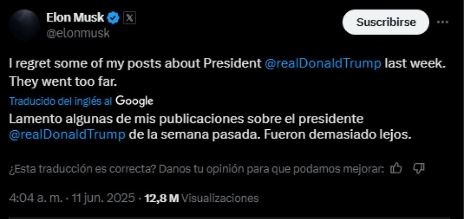 Elon Musk se mostró arrepentido sobre sus dichos contra Trump. Foto: X Captura.