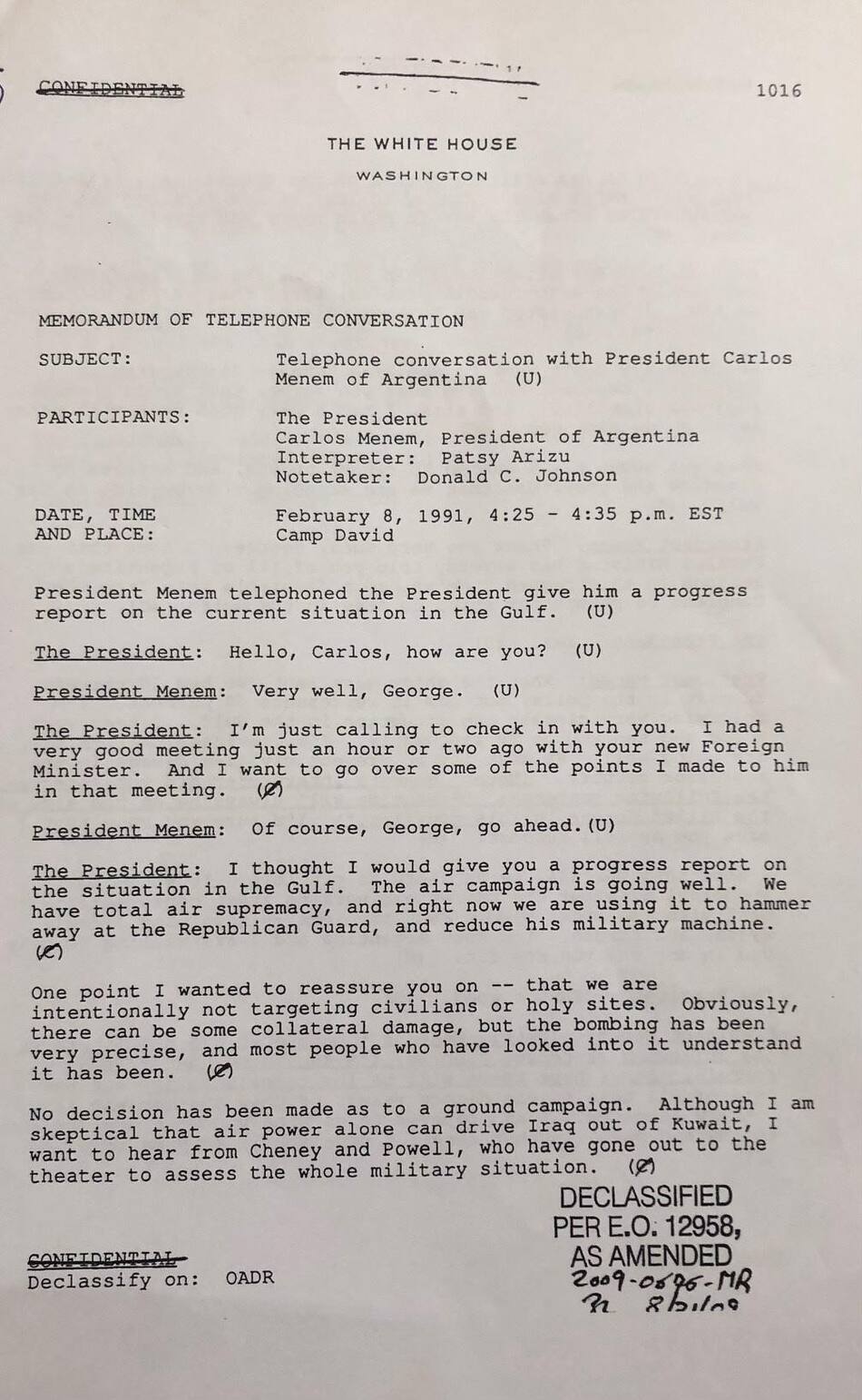 Desgrabación de la conversación telefónica entre Bush y Menem analizando la operación “Tormenta del Desierto” (archivo de la Casa Blanca y Biblioteca Bush)